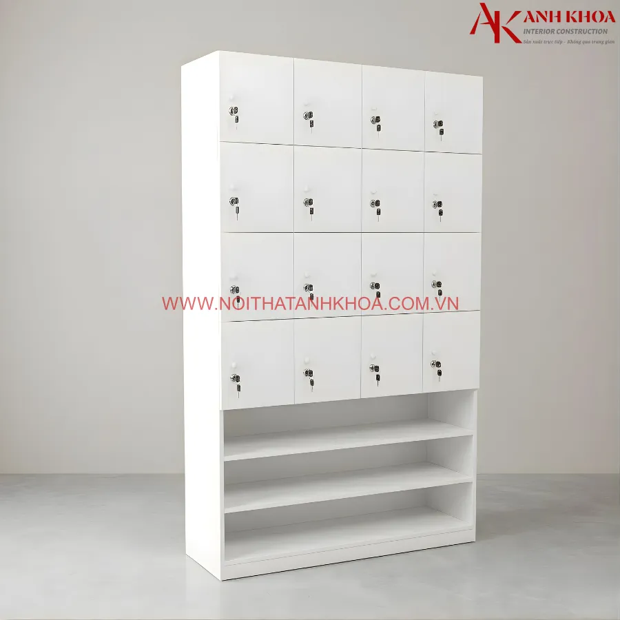Tủ Locker gỗ màu trắng kết hợp kệ giày mẫu mã đẹp, hiện đại Tủ Locker gỗ màu trắng kết hợp kệ giày mẫu mã đẹp, hiện đại