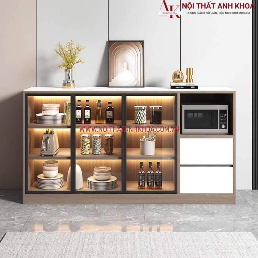 Tủ nhà bếp đa năng gỗ MDF kết hợp cánh kính đẹp hiện đại màu nâu vân gỗ kết hợp trắng Tủ nhà bếp đa năng gỗ MDF kết hợp cánh kính đẹp hiện đại màu nâu vân gỗ kết hợp trắng