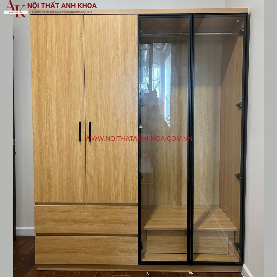 Tủ quần áo gỗ công nghiệp kết hợp cánh kính gam màu vàng vân gỗ ấm áp Tủ quần áo gỗ công nghiệp kết hợp cánh kính gam màu vàng vân gỗ ấm áp