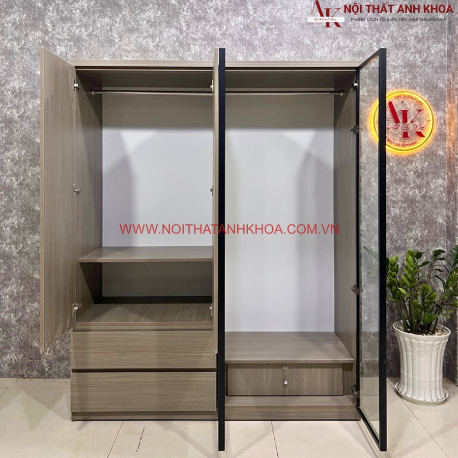 Hệ thống ngăn kéo tủ quần áo 4 cánh gỗ công nghiệp kết hợp cánh kính hiện đại Hệ thống ngăn kéo tủ quần áo 4 cánh gỗ công nghiệp kết hợp cánh kính hiện đại