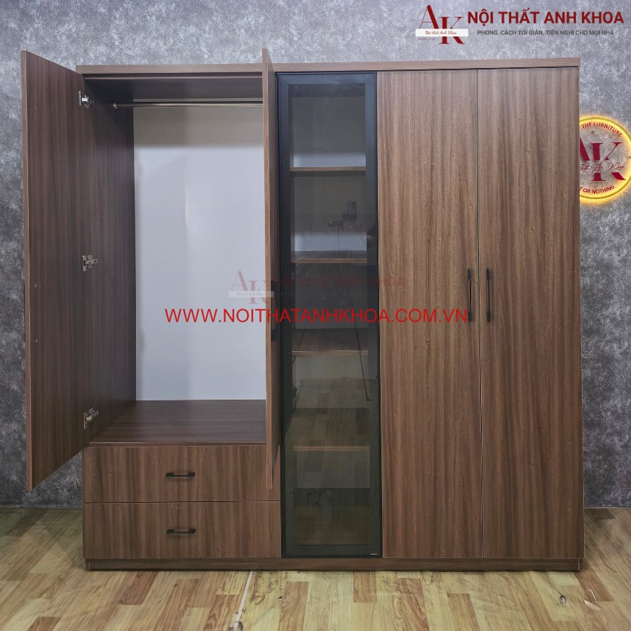 Tủ quần áo màu nâu vân gỗ được làm từ gỗ công nghiệp Tủ quần áo màu nâu vân gỗ được làm từ gỗ công nghiệp