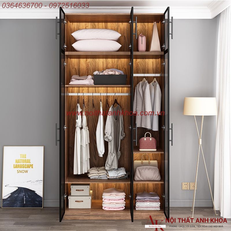 Tủ Quần Áo Cánh Kính Gỗ MDF Màu Nâu Vân Gỗ Phối Đèn LED Đẹp Sang Trọng Tủ Quần Áo Cánh Kính Gỗ MDF Màu Nâu Vân Gỗ Phối Đèn LED Đẹp Sang Trọng