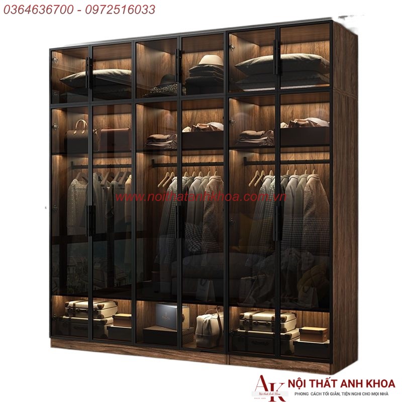 Tủ Quần Áo Cánh Kính Gỗ MDF Màu Nâu Vân Gỗ Phối Đèn LED Đẹp Sang Trọng Tủ Quần Áo Cánh Kính Gỗ MDF Màu Nâu Vân Gỗ Phối Đèn LED Đẹp Sang Trọng