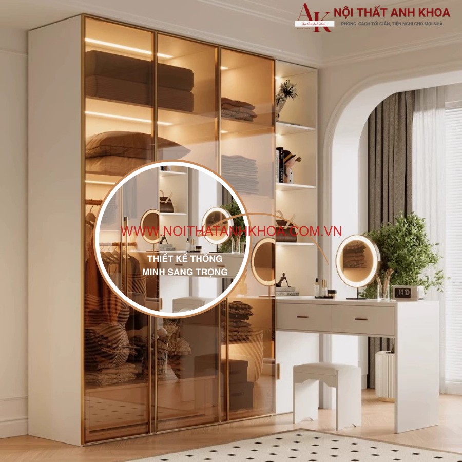 Thiết kế sang trọng, hiện đại của tủ quần áo cánh kính kết hợp bàn trang điểm Thiết kế sang trọng, hiện đại của tủ quần áo cánh kính kết hợp bàn trang điểm