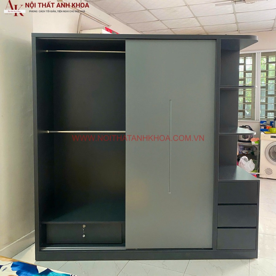 Tủ quần áo cửa lùa gỗ công nghiệp màu xám chì phối xám ghi Tủ quần áo cửa lùa gỗ công nghiệp màu xám chì phối xám ghi