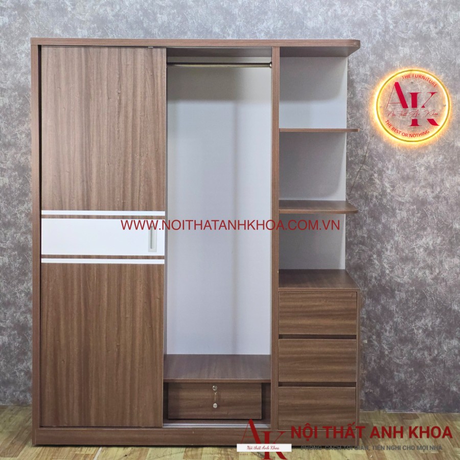 Tủ quần áo cửa kéo màu nâu vân gỗ phối sọc trắng giá rẻ Tủ quần áo cửa kéo màu nâu vân gỗ phối sọc trắng giá rẻ