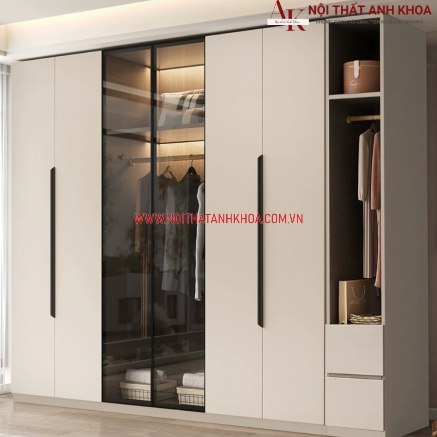Tủ quần áo gỗ MDF kết hợp cánh kính có Led đẹp mắt Tủ quần áo gỗ MDF kết hợp cánh kính có Led đẹp mắt