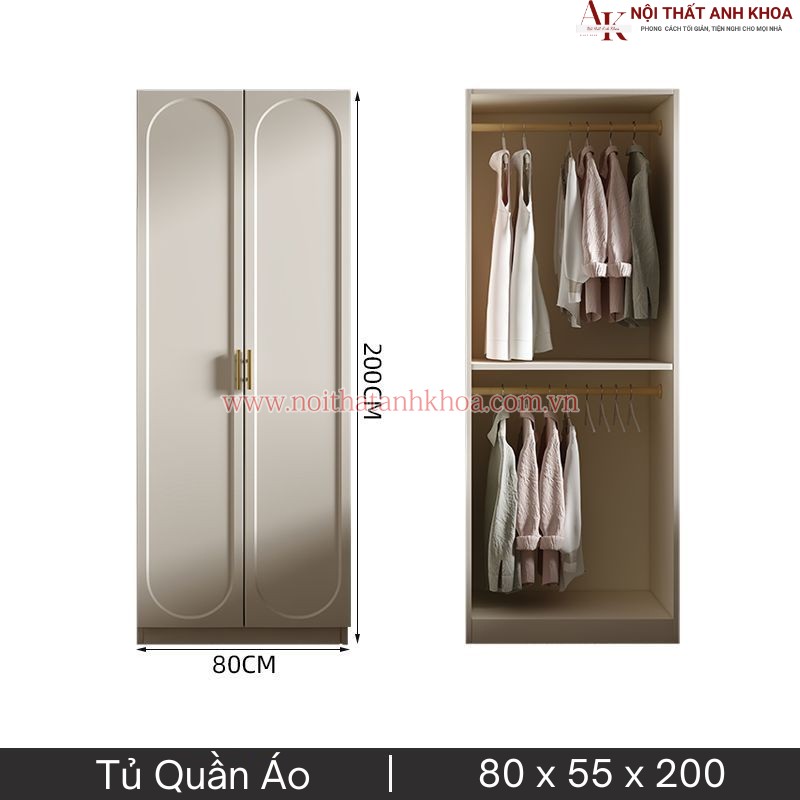Tủ Quần Áo Gỗ Công Nghiệp 2 Cánh Màu Trắng Sơn Bóng 2K (KT: 160 x 55 x 200cm) Tủ Quần Áo Gỗ Công Nghiệp 2 Cánh Màu Trắng Sơn Bóng 2K (KT: 160 x 55 x 200cm)