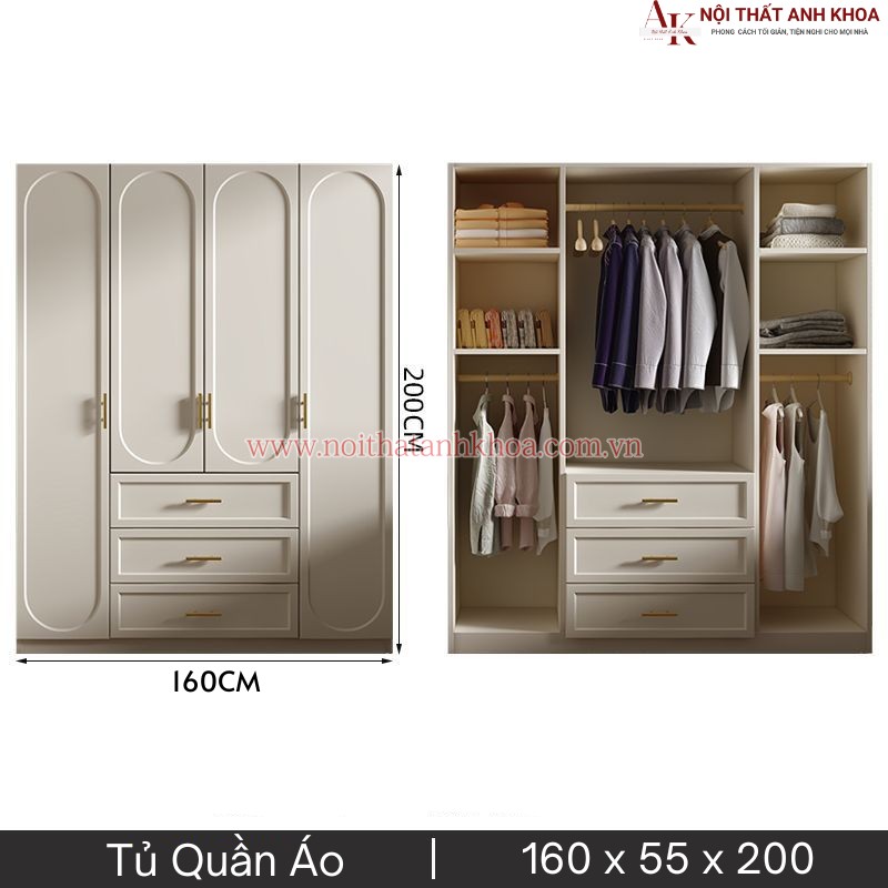 Tủ Quần Áo Gỗ Công Nghiệp 4 Cánh Màu Trắng Sơn Bóng 2K (KT: 160 x 55 x 200cm)  Tủ Quần Áo Gỗ Công Nghiệp 4 Cánh Màu Trắng Sơn Bóng 2K (KT: 160 x 55 x 200cm)