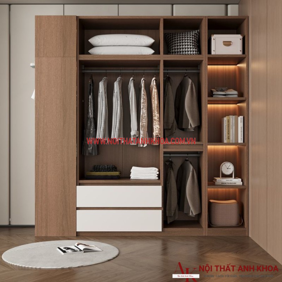 Tủ quần áo gỗ MDF màu nâu vân gỗ phối trắng hiện đại Tủ quần áo gỗ MDF màu nâu vân gỗ phối trắng hiện đại
