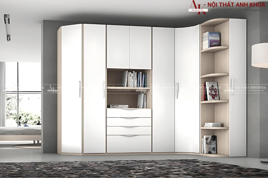 Tủ quần áo góc chữ L kết hợp kệ trang trí Tủ quần áo góc chữ L kết hợp kệ trang trí