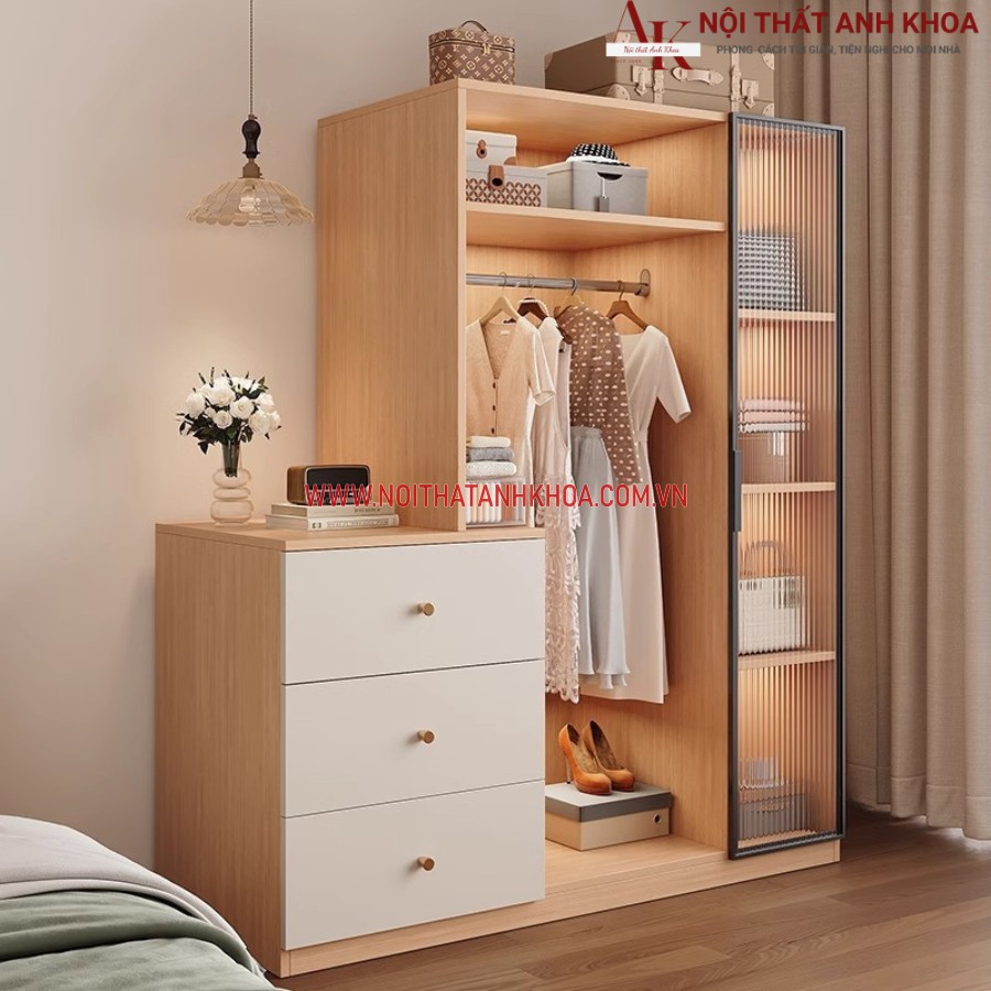 Tủ quần áo gỗ MDF màu vàng vân gỗ phối trắng ấm áp Tủ quần áo gỗ MDF màu vàng vân gỗ phối trắng ấm áp