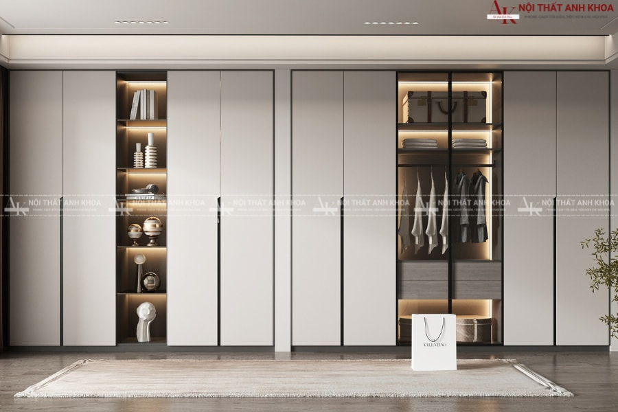 Tủ quần áo MDF kết hợp kệ trang trí Tủ quần áo MDF kết hợp kệ trang trí