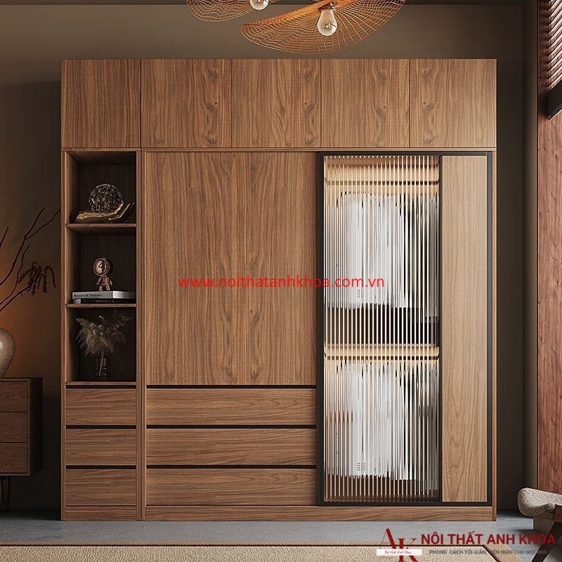 Tủ Quần Áo MDF Màu Óc Chó Phối Cánh Kính Tủ Quần Áo MDF Màu Óc Chó Phối Cánh Kính