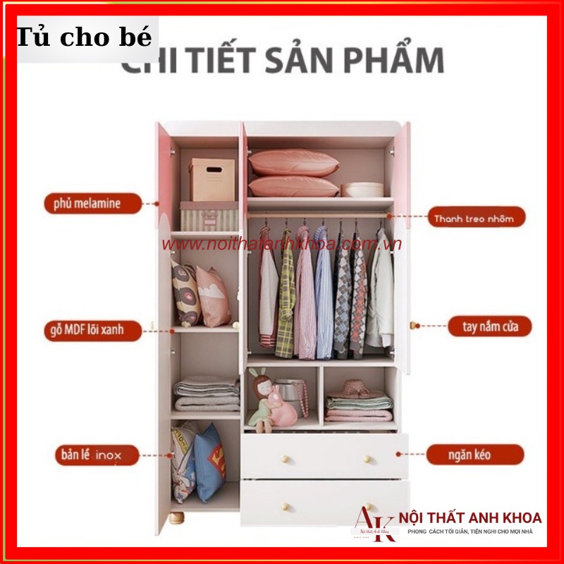 Tủ Quần Áo Trẻ Em Gỗ MDF Màu Hồng Phối Trắng Đẹp Giá Rẻ Tủ Quần Áo Trẻ Em Gỗ MDF Màu Hồng Phối Trắng Đẹp Giá Rẻ