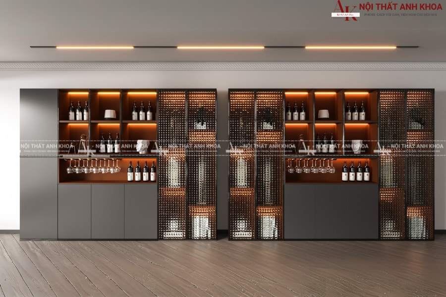 Tủ rượu gỗ công nghiệp MDF kết hợp cánh kính mờ huyền ảo Tủ rượu gỗ công nghiệp MDF kết hợp cánh kính mờ huyền ảo