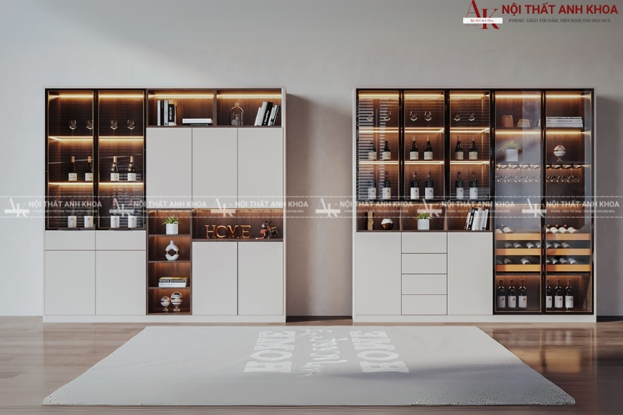 Tủ rượu khung gỗ công nghiệp kết hợp cánh kính Tủ rượu khung gỗ công nghiệp kết hợp cánh kính