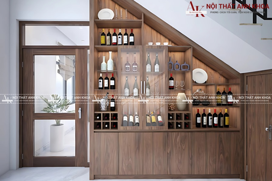 Tủ rượu gầm cầu thang tích hợp kệ trang trí và tủ đồ khô Tủ rượu gầm cầu thang tích hợp kệ trang trí và tủ đồ khô