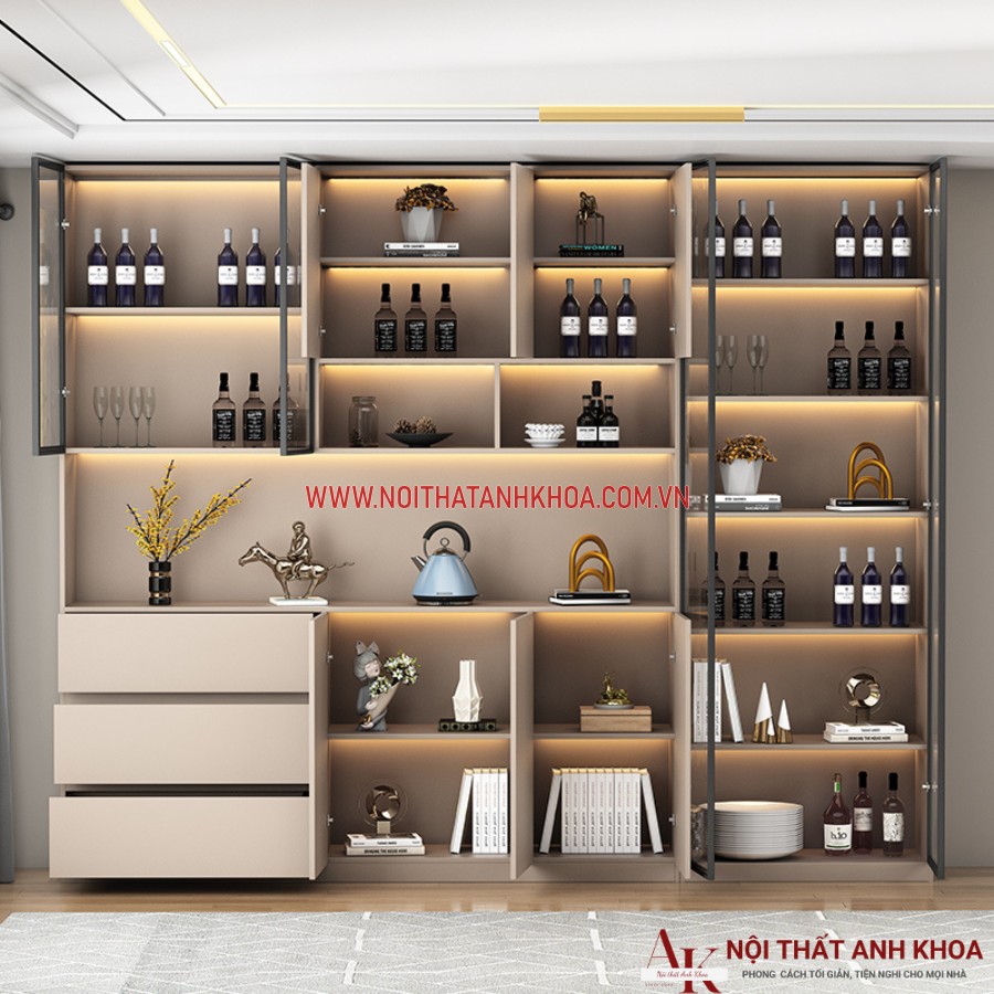 Tủ rượu gỗ công nghiệp kết hợp cánh kính và đèn Led đẹp hiện đại Tủ rượu gỗ công nghiệp kết hợp cánh kính và đèn Led đẹp hiện đại