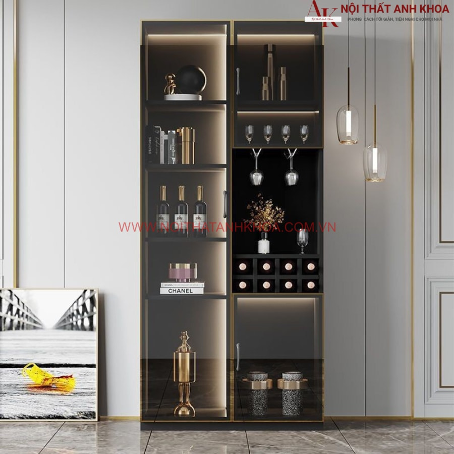 Tủ rượu gỗ MDF gam màu đen kết hợp ánh đèn led huyền bí Tủ rượu gỗ MDF gam màu đen kết hợp ánh đèn led huyền bí