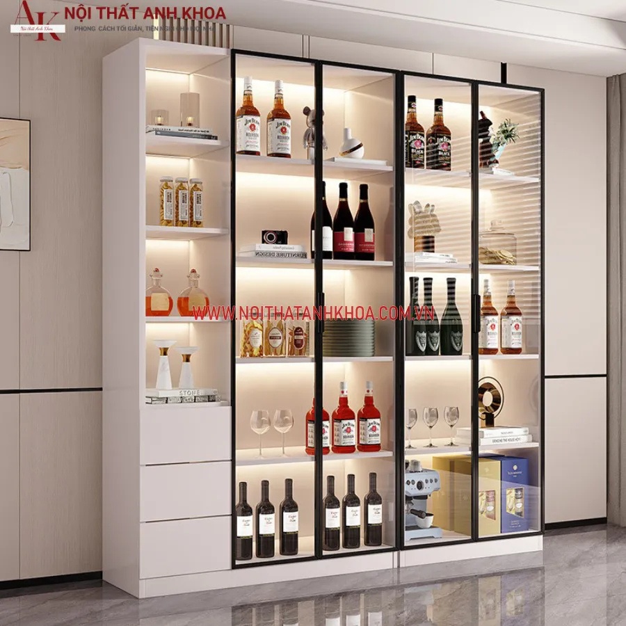 Tủ rượu kính đèn led màu trắng đẹp hiện đại, sang trọng Tủ rượu kính đèn led màu trắng đẹp hiện đại, sang trọng