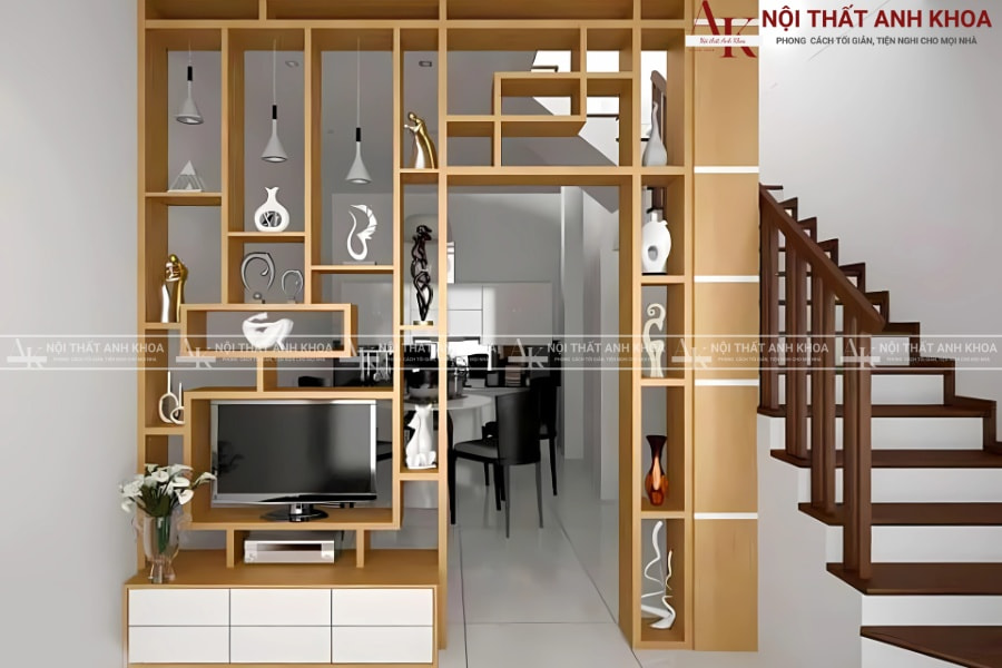 Mẫu vách ngăn cầu thang gỗ MDF kết hợp kệ trang trí Mẫu vách ngăn cầu thang gỗ MDF kết hợp kệ trang trí