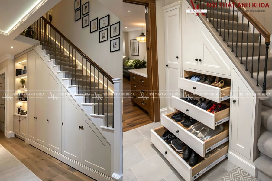 Mẫu vách ngăn cầu thang kết hợp tủ giày chứa đồ Mẫu vách ngăn cầu thang kết hợp tủ giày chứa đồ