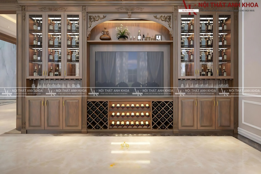 Vách ngăn cầu thang kết hợp kệ tivi, tủ rượu Vách ngăn cầu thang kết hợp kệ tivi, tủ rượu