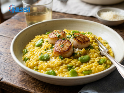 Scallops Risotto with Saffron and Peas 