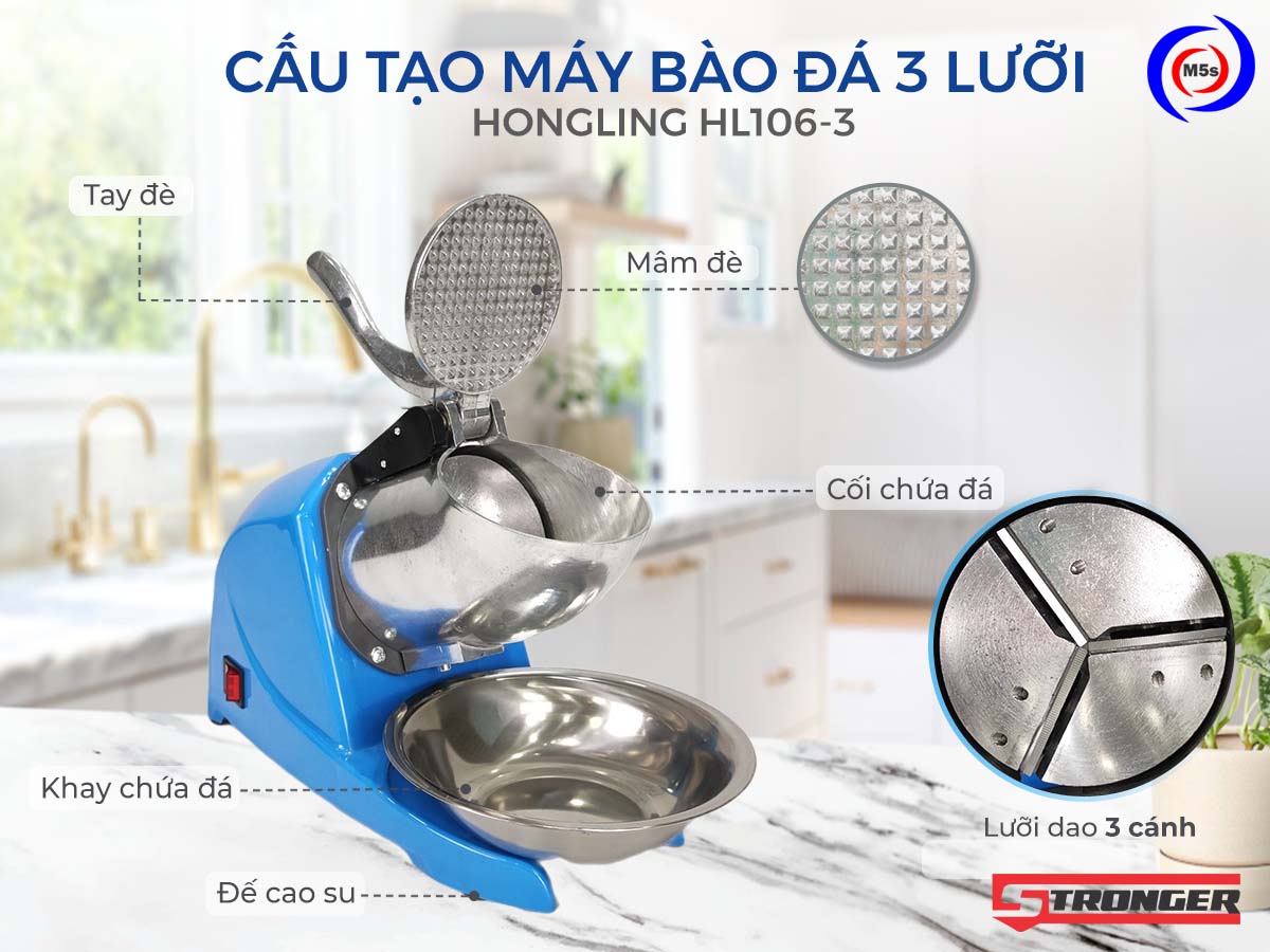 Cấu tạo máy bào đá tuyết 3 lưỡi Stronger HL106-3 Cấu tạo máy bào đá tuyết 3 lưỡi Stronger HL106-3