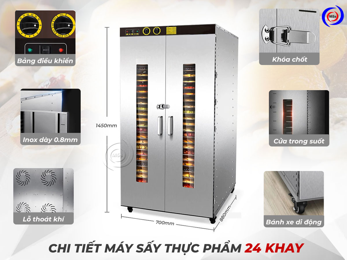 Chi tiết máy sấy thực phẩm 24 khay Chi tiết máy sấy thực phẩm 24 khay