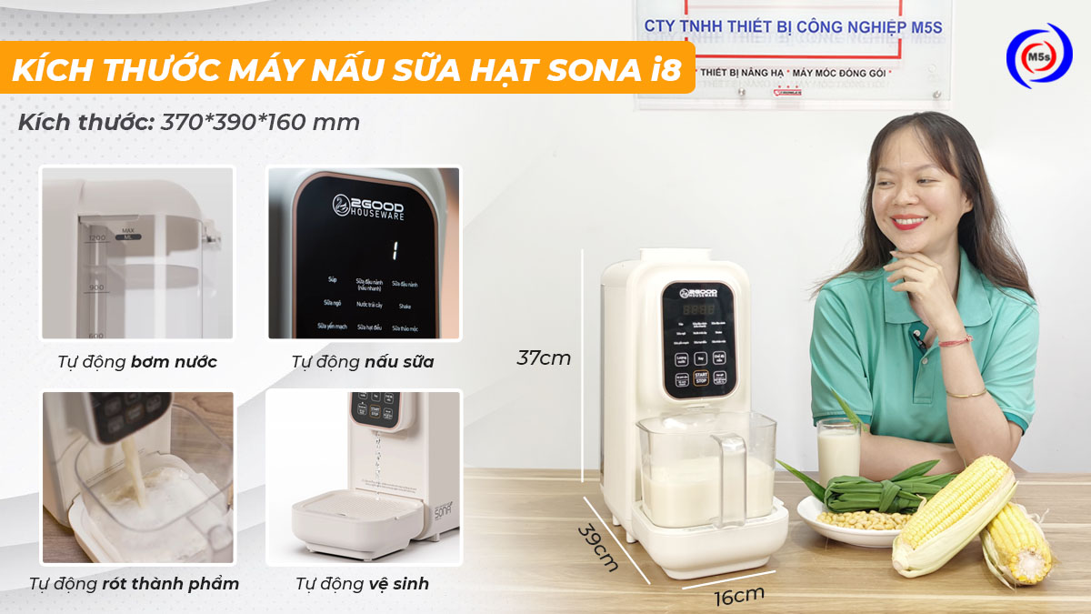 Kích thước máy làm sữa hạt tự động Sona i8 Kích thước máy làm sữa hạt tự động Sona i8