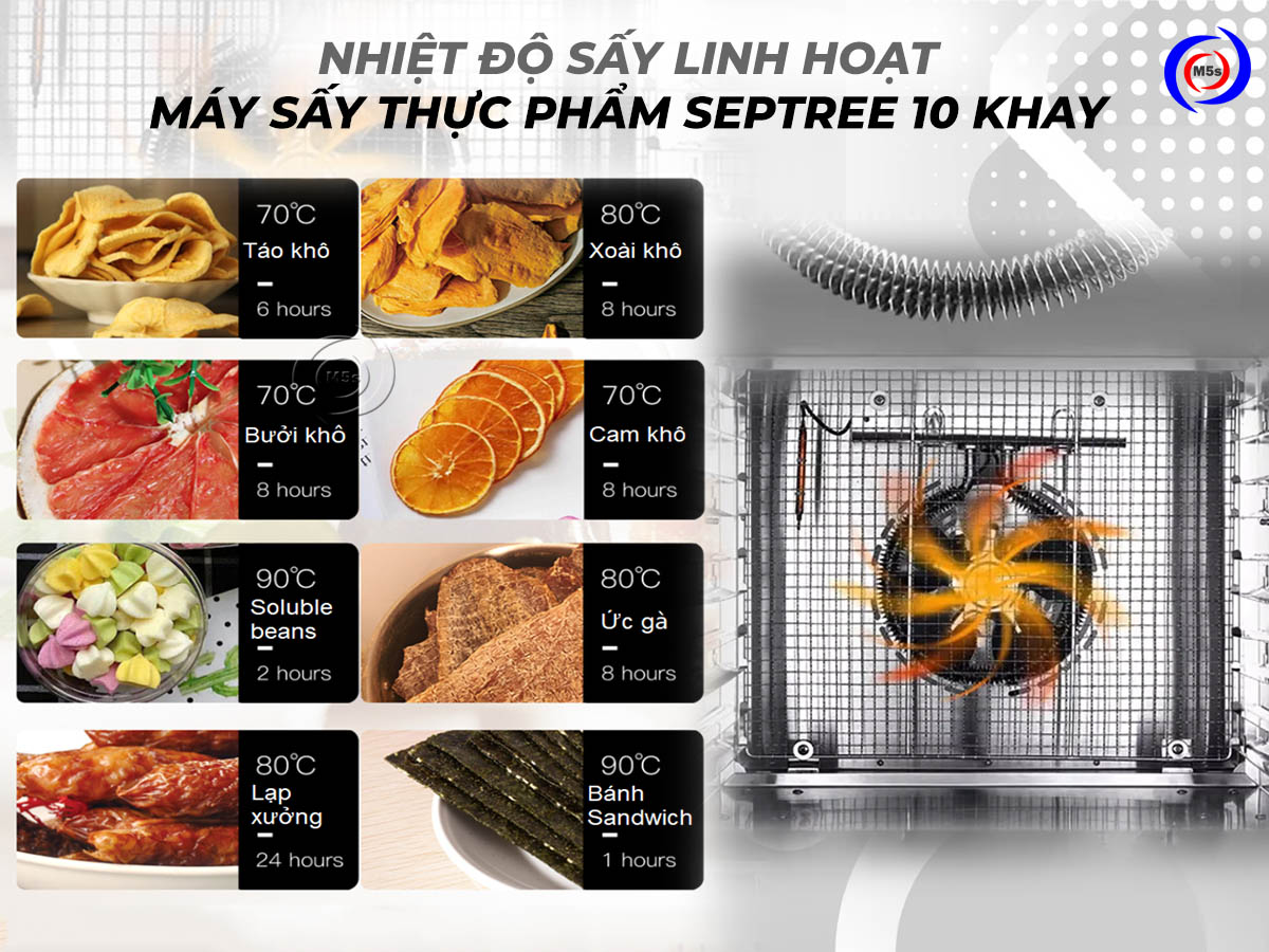 Nhiệt độ sấy thực phẩm của máy sấy thực phẩm Septree 10 khay Nhiệt độ sấy thực phẩm của máy sấy thực phẩm Septree 10 khay