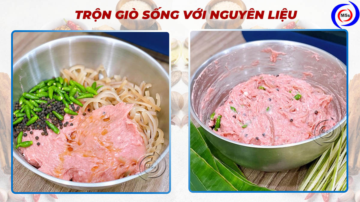 Trộn nguyên liệu làm giò bì heo Trộn nguyên liệu làm giò bì heo