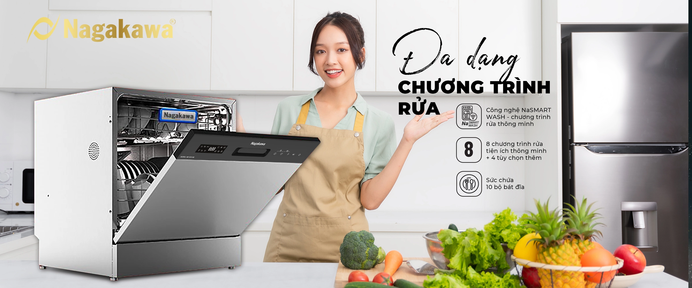 Máy rửa chén bát 10 bộ cao cấp Nagakawa NK10D01M - Diệt khuẩn UV Led Máy rửa chén bát 10 bộ cao cấp Nagakawa NK10D01M - Diệt khuẩn UV Led