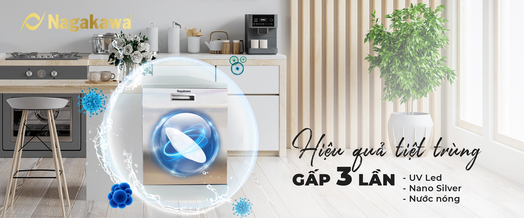 Máy rửa chén bát 15 bộ cao cấp Nagakawa NK15D06M - Diệt khuẩn UV Led, Nano Silver Máy rửa chén bát 15 bộ cao cấp Nagakawa NK15D06M - Diệt khuẩn UV Led, Nano Silver