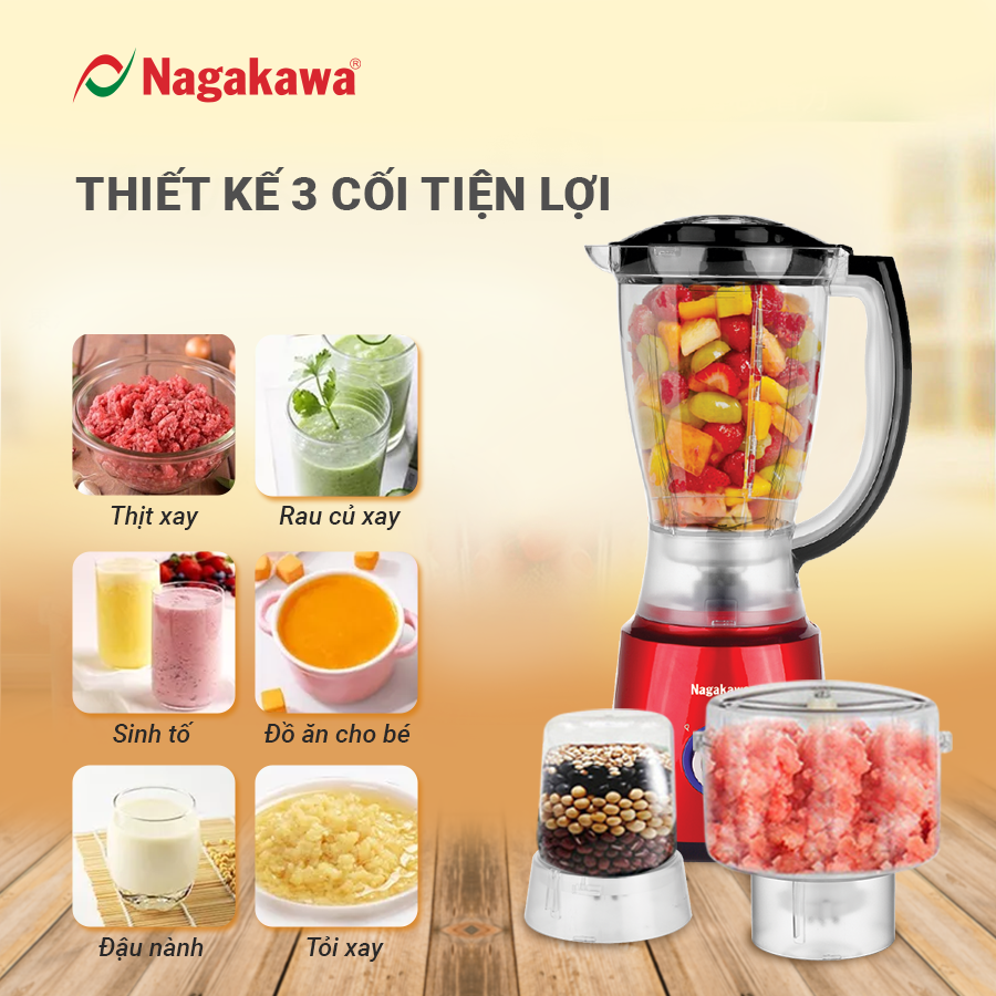 Máy xay sinh tố Nagakawa NAG0820 - Lưỡi 4 cánh kèm 3 cối tiện lợi Máy xay sinh tố Nagakawa NAG0820 - Lưỡi 4 cánh kèm 3 cối tiện lợi