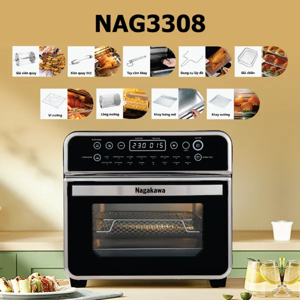Nồi chiên không dầu Nagakawa NAG3308 16L - 16 chương trình - Công nghệ đối lưu nhiệt