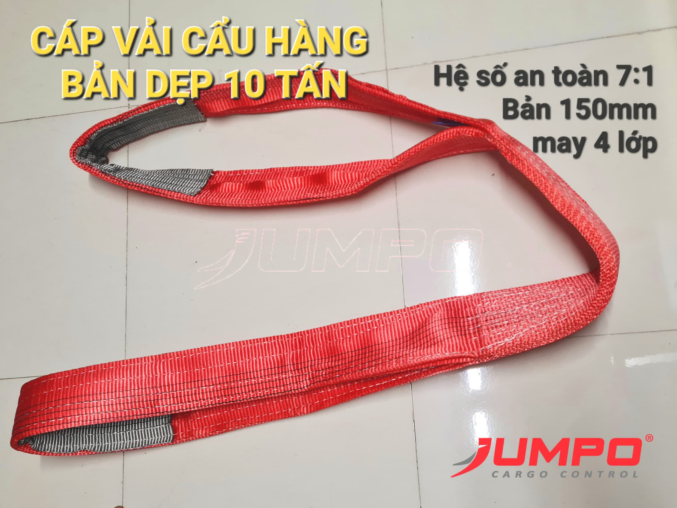 Dây cáp vải cẩu hàng bản dẹp hệ số an toàn 7:1 may 4 lớp
