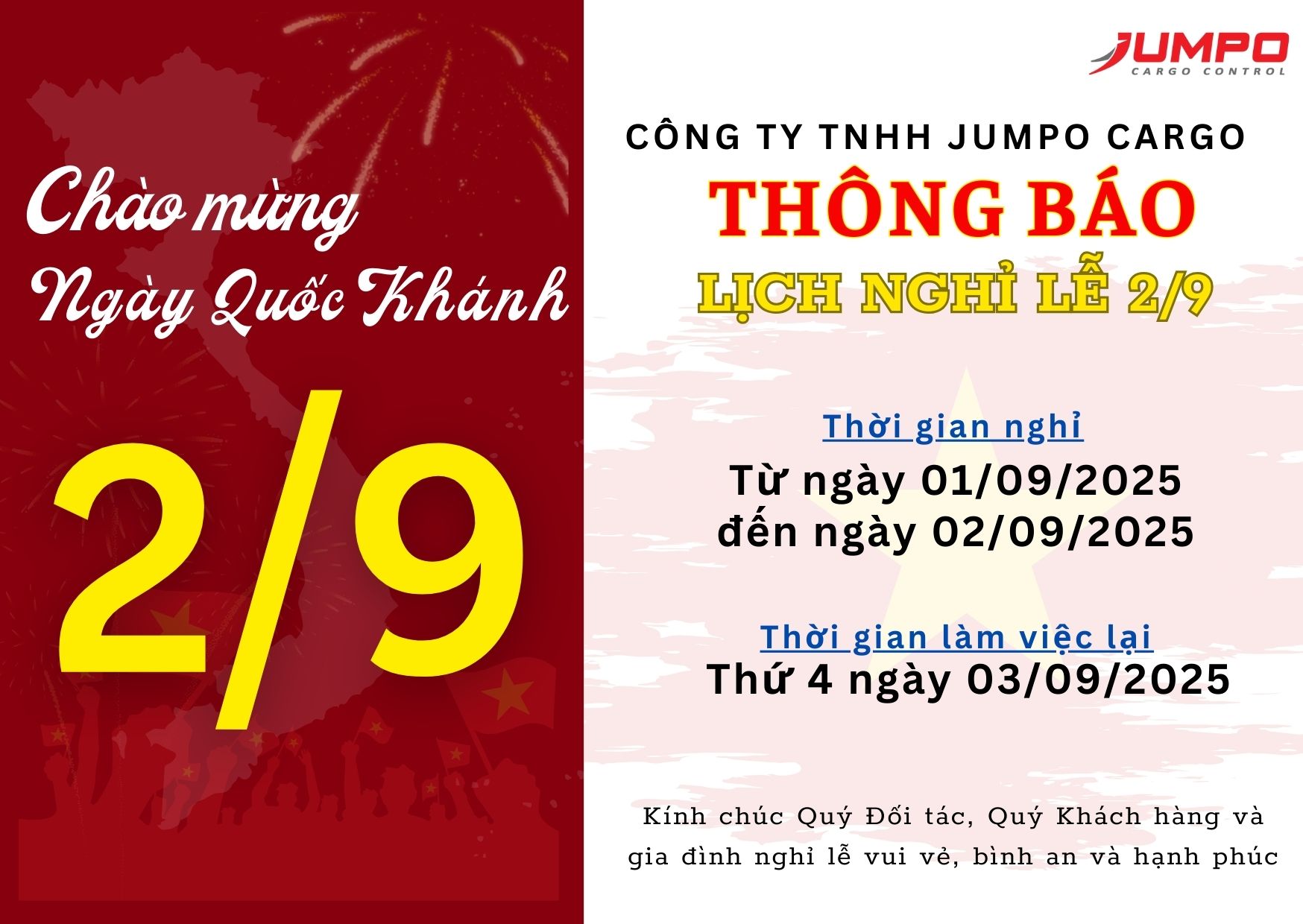 THÔNG BÁO LỊCH NGHỈ LỄ QUỐC KHÁNH 2/9/2025 - JUMPO CARGO THÔNG BÁO LỊCH NGHỈ LỄ QUỐC KHÁNH 2/9/2025 - JUMPO CARGO