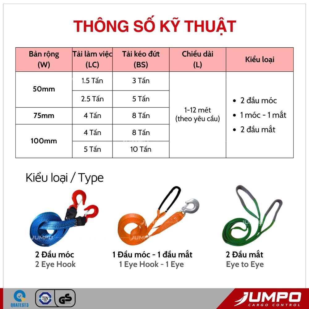 Dây cáp vải kéo hàng, kéo pallet, kéo cứu hộ ô tô 5 tấn - 10 tấn 2 đầu móc