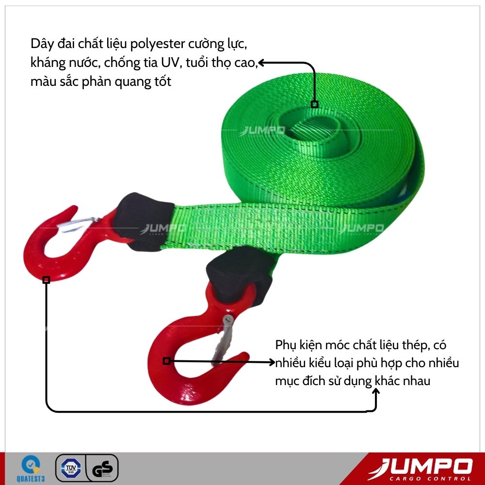 Dây cáp vải kéo hàng, kéo pallet, kéo cứu hộ ô tô 5 tấn - 10 tấn 2 đầu móc