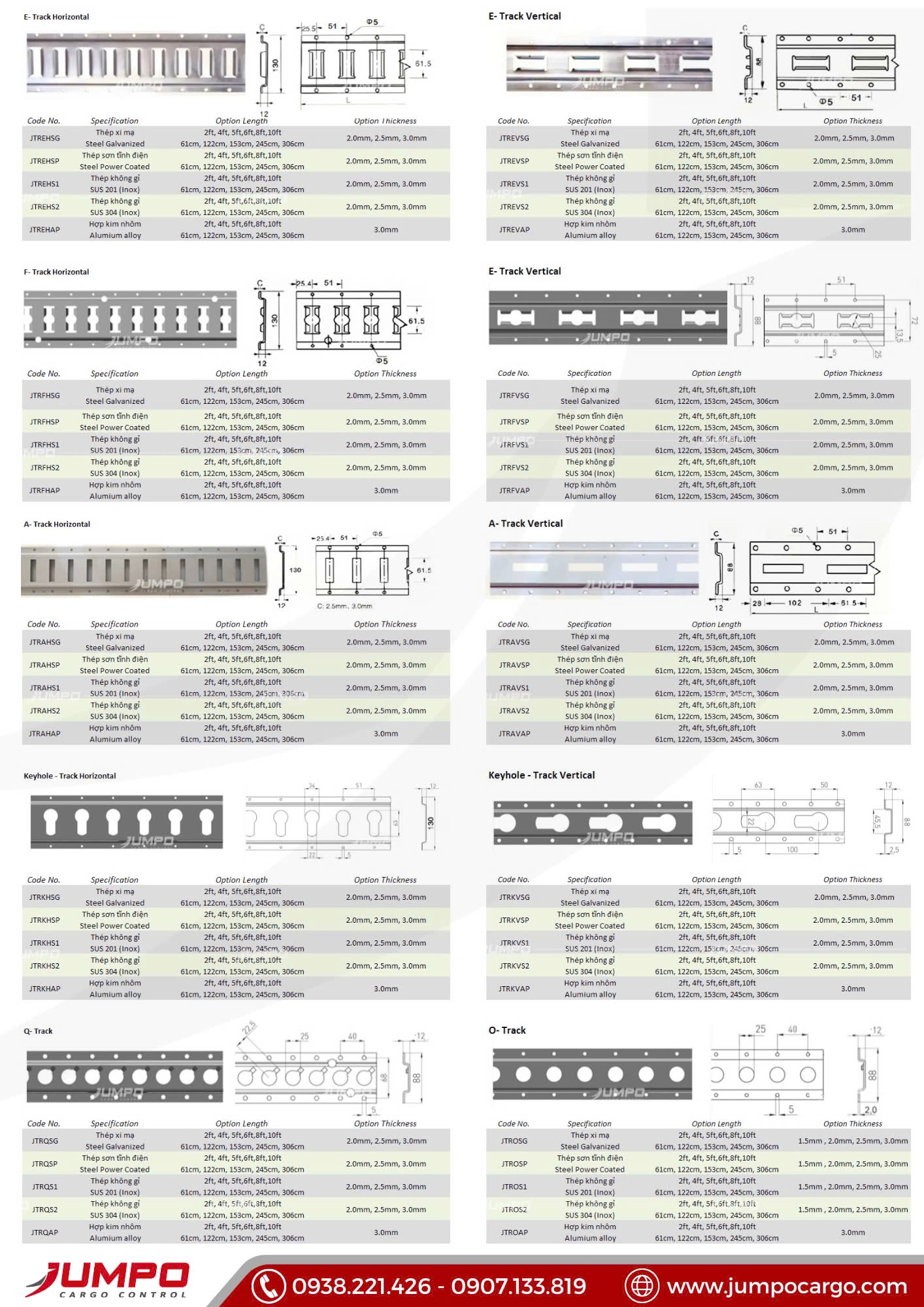 Một số kiểu hình dạng thanh ray E-track JUMPO Một số kiểu hình dạng thanh ray E-track JUMPO