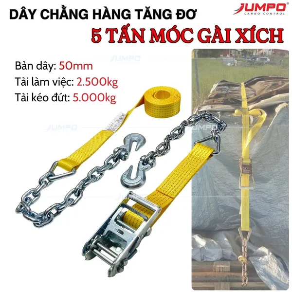  Dây Chằng Hàng Tăng Đơ 5 Tấn Bản 50mm Móc Xích Gài Chống Cắt