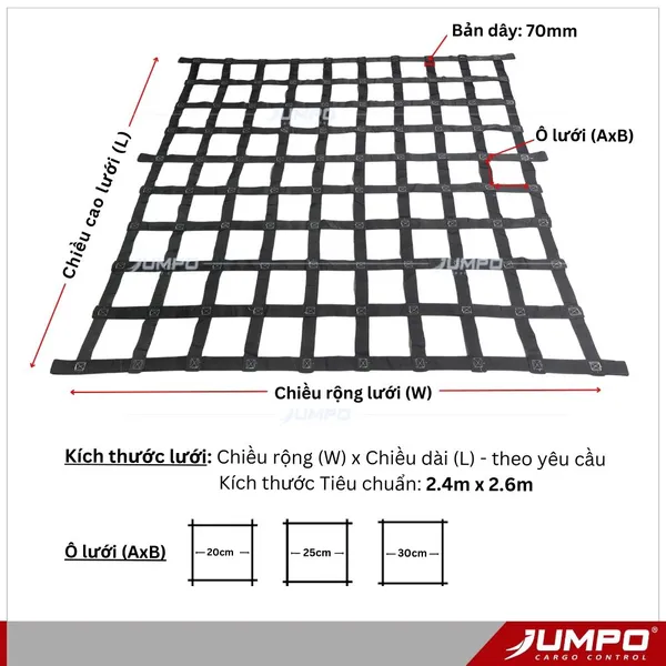 Lưới Chắn Container Dây đai 70mm PP | KT: 2.4x2.6M ô 25cm