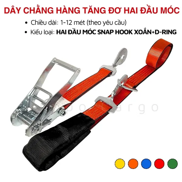 Dây chằng hàng tăng đơ 50mm móc snap hook xoắn và D-ring