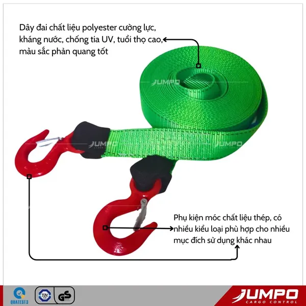 Dây Cáp Vải Kéo Hàng, Kéo Pallet, Kéo Cứu Hộ Ô Tô 3 Tấn - 10 Tấn 2 Đầu Móc