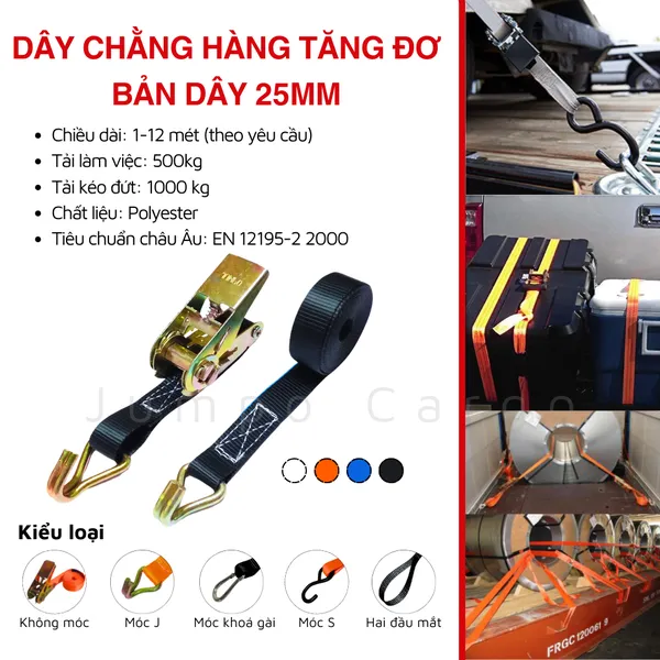 Dây Chằng Hàng Tăng Đơ Bản 25mm 1 Tấn Móc J - Tùy chọn Móc