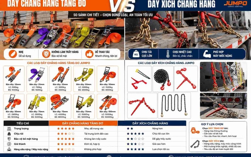 So sánh dây tăng đơ vải và tăng đơ xích chằng hàng