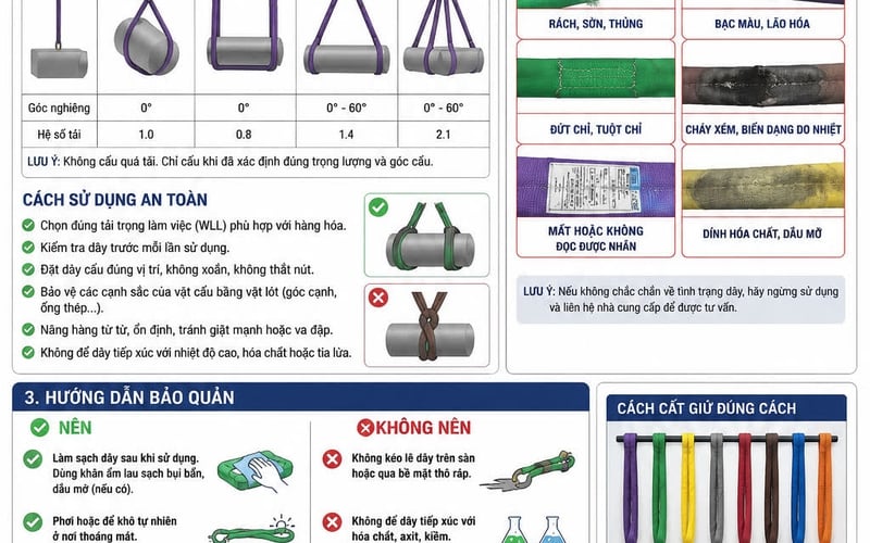 Hướng dẫn cách sử dụng bảo quản dây cáp vải cẩu hàng bản tròn Round Sling